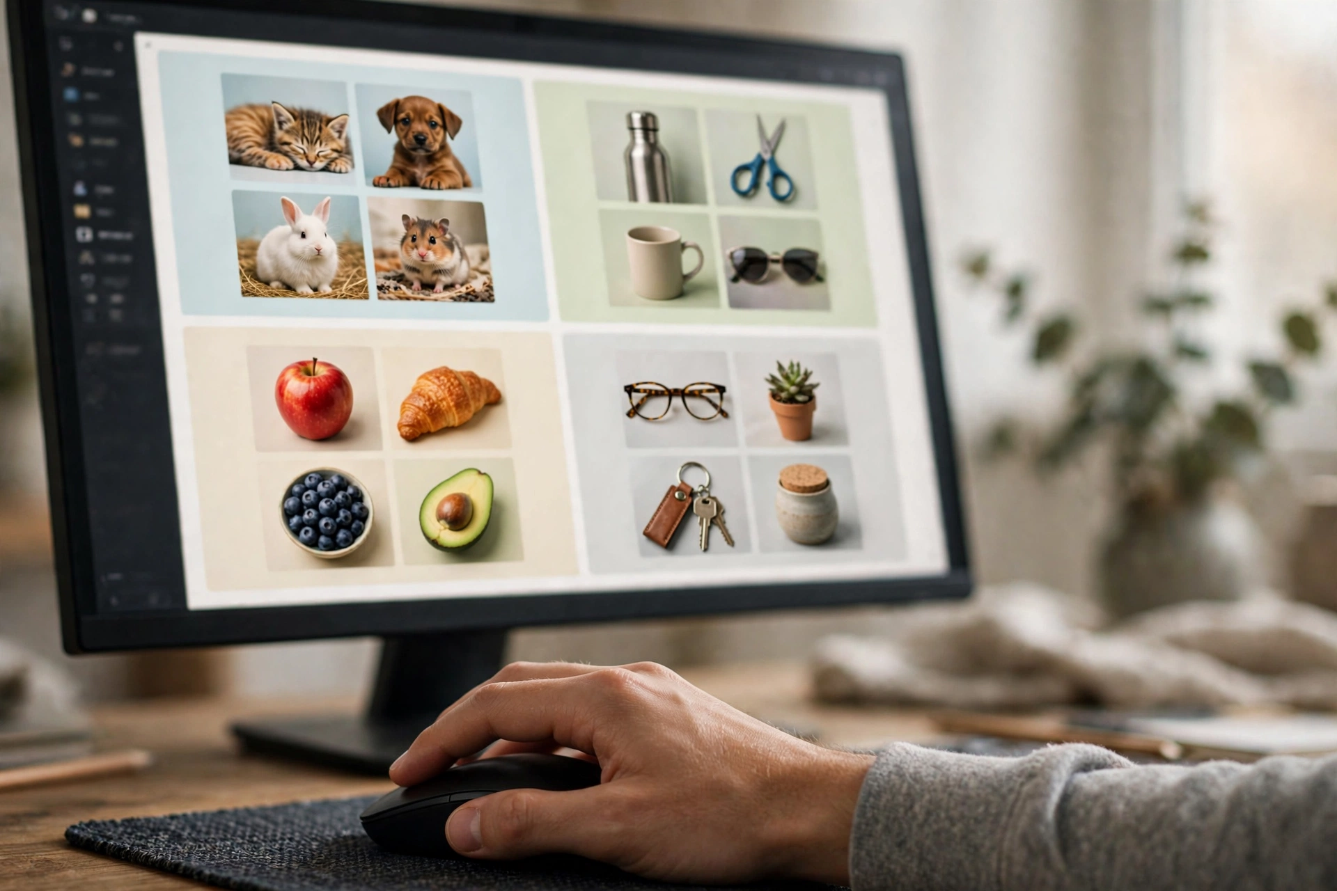 Computer screen showing a grid of sorted photos of animals, food, and everyday objects used to train an AI model