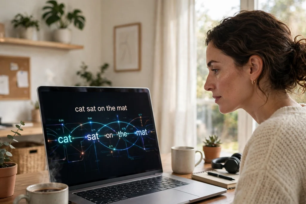 Person at a desk looking at a laptop screen showing a sentence with glowing lines connecting related words, illustrating transformer attention