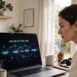 Person at a desk looking at a laptop screen showing a sentence with glowing lines connecting related words, illustrating transformer attention