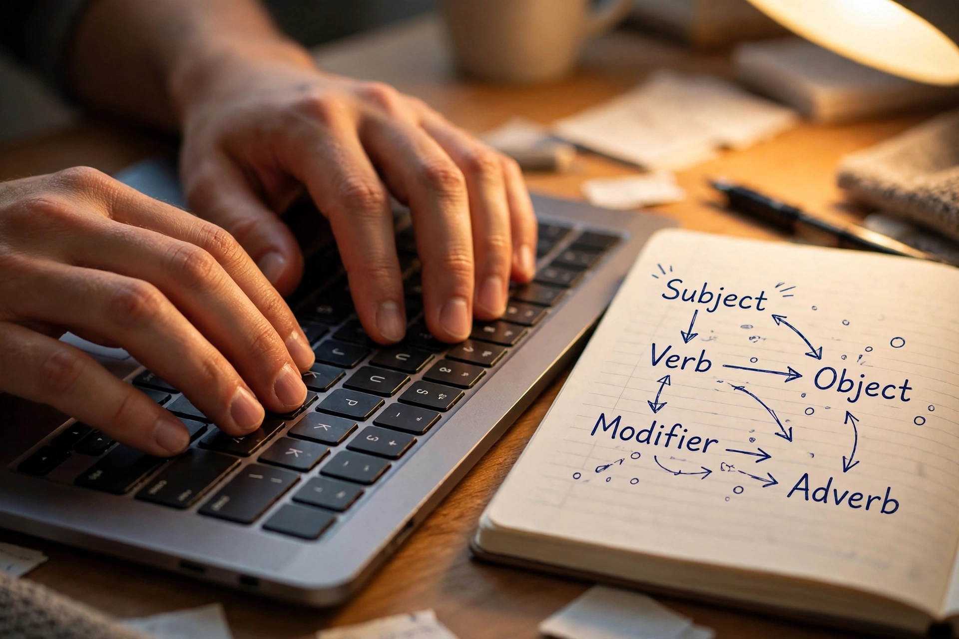 Hands typing on a laptop beside a notebook with a hand-drawn sentence diagram linking subject, verb, and object with arrows
