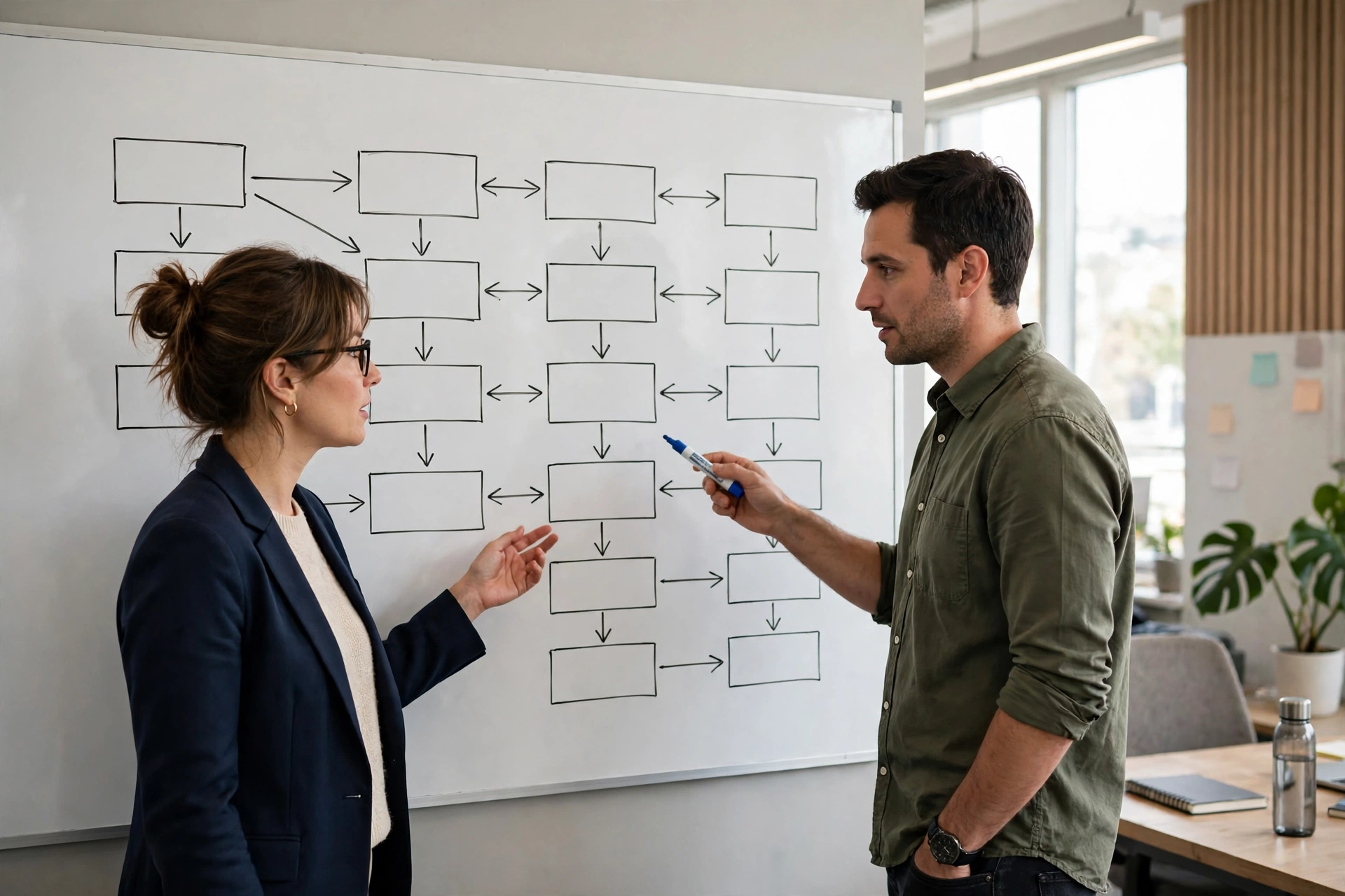 Two colleagues discussing a whiteboard diagram of connected blocks with arrows between them