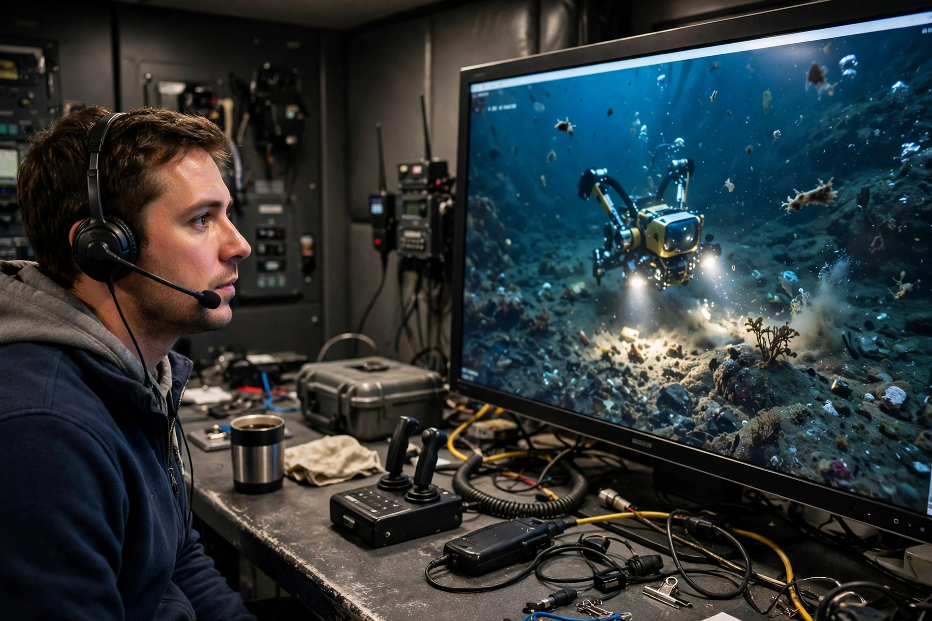 Operator at a shipboard control station watching a live underwater robot feed of the seabed