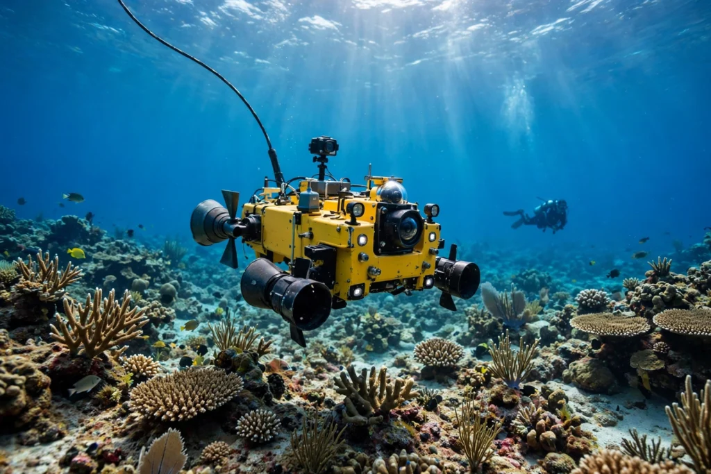 Yellow remotely operated underwater robot with cameras and thrusters hovering over a coral reef