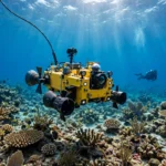 Yellow remotely operated underwater robot with cameras and thrusters hovering over a coral reef