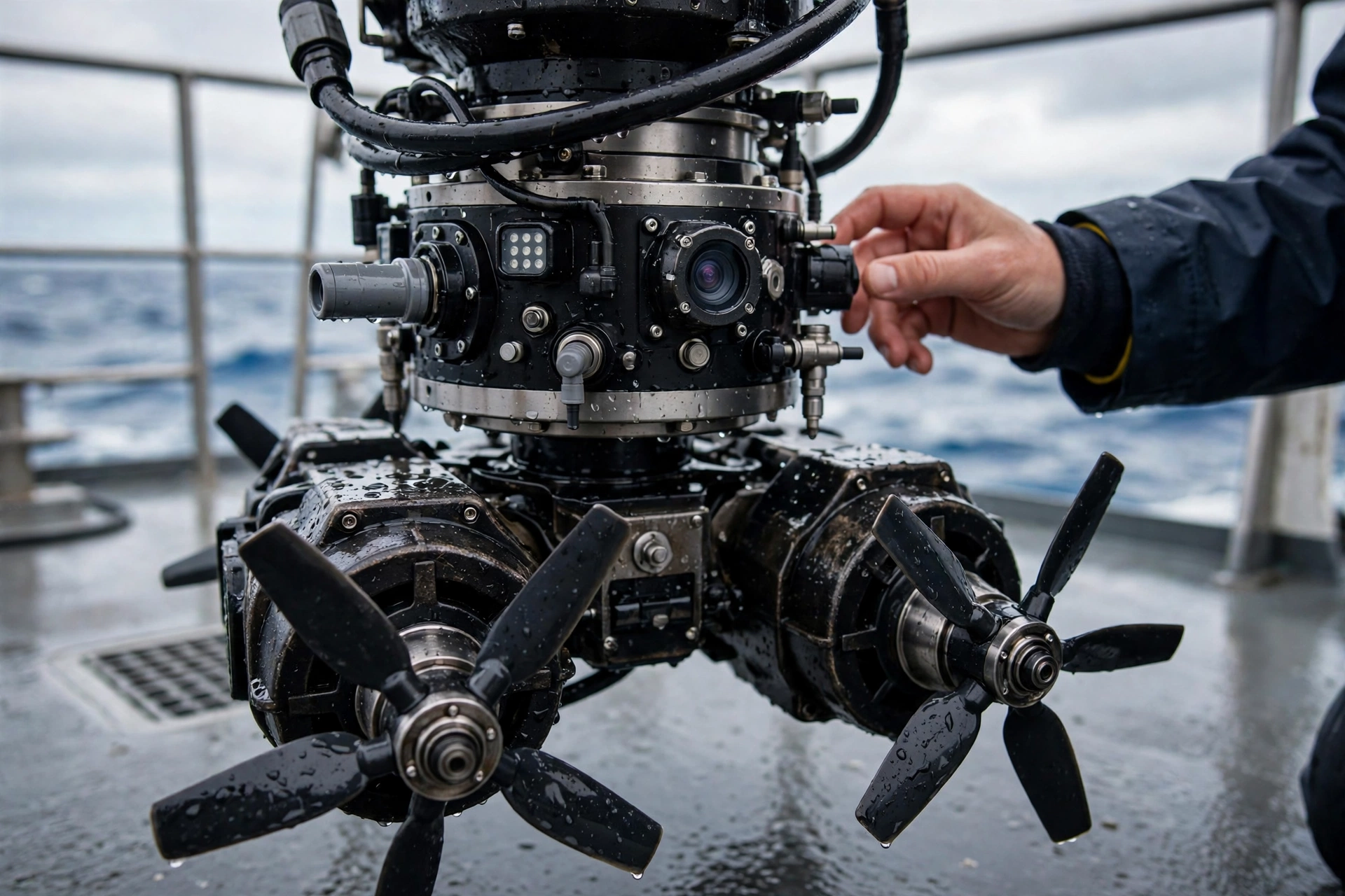 Close-up of an underwater robot's thruster propellers and camera housing being checked on a ship deck