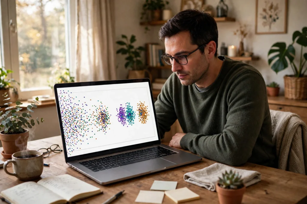 Person reviewing a laptop screen showing colourful data points grouping into distinct clusters