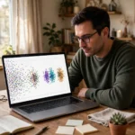Person reviewing a laptop screen showing colourful data points grouping into distinct clusters