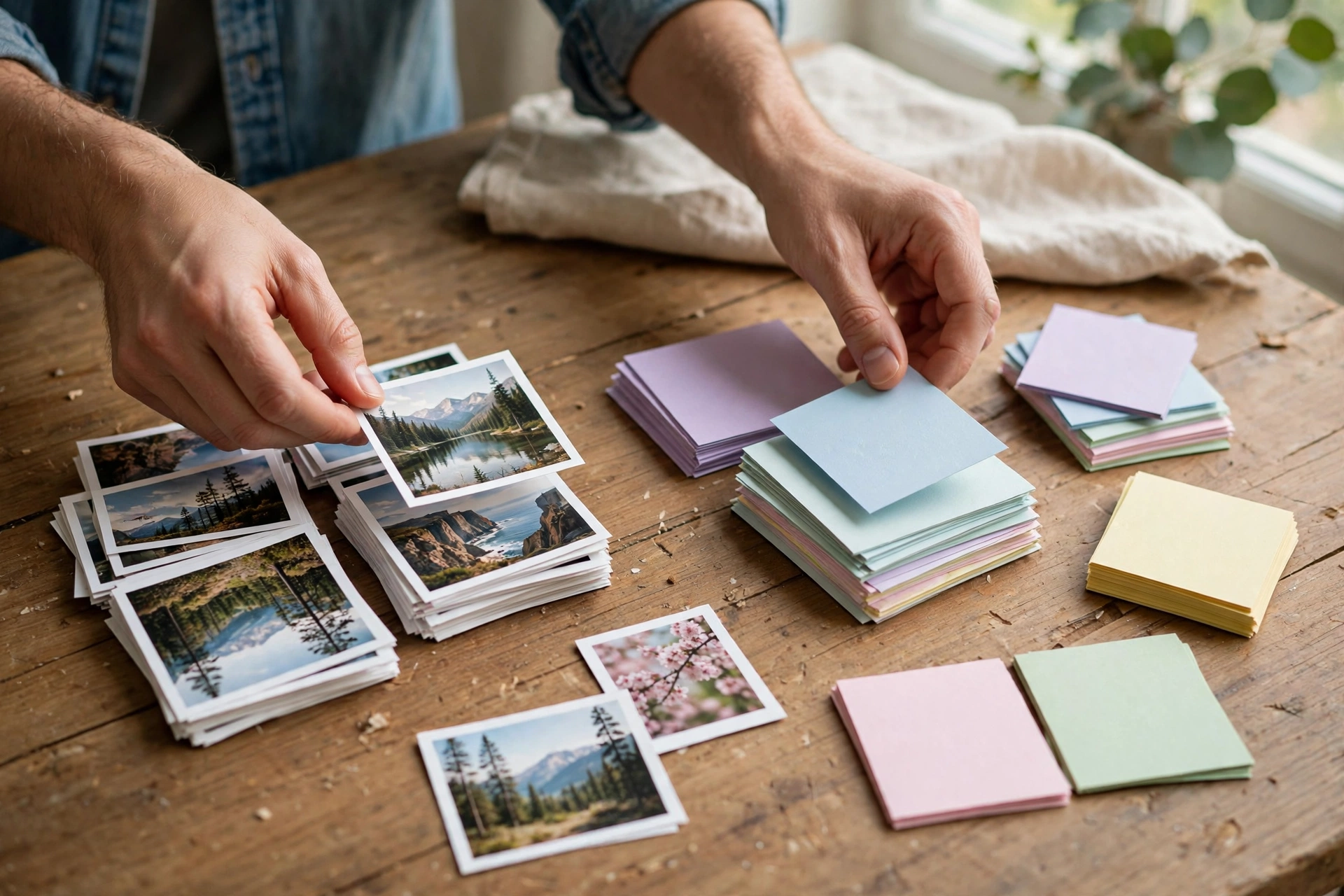Hands sorting printed photographs and coloured cards into separate piles on a wooden table