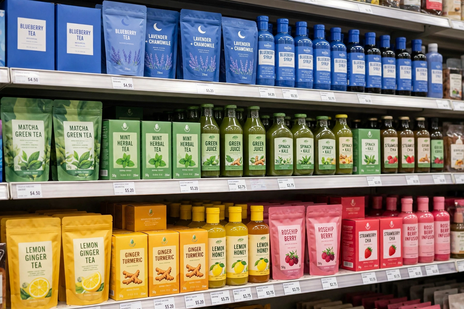 Shop shelves with products grouped by colour and type so patterns are easy to spot