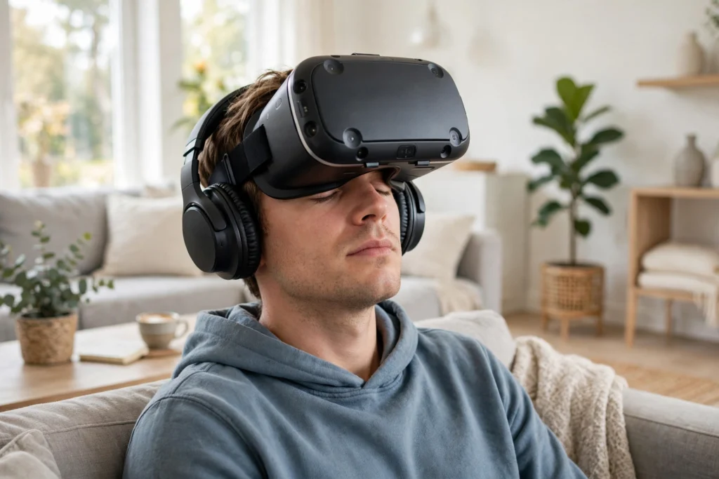 Person wearing a VR headset and over-ear headphones in a bright living room, listening to a virtual scene