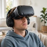 Person wearing a VR headset and over-ear headphones in a bright living room, listening to a virtual scene