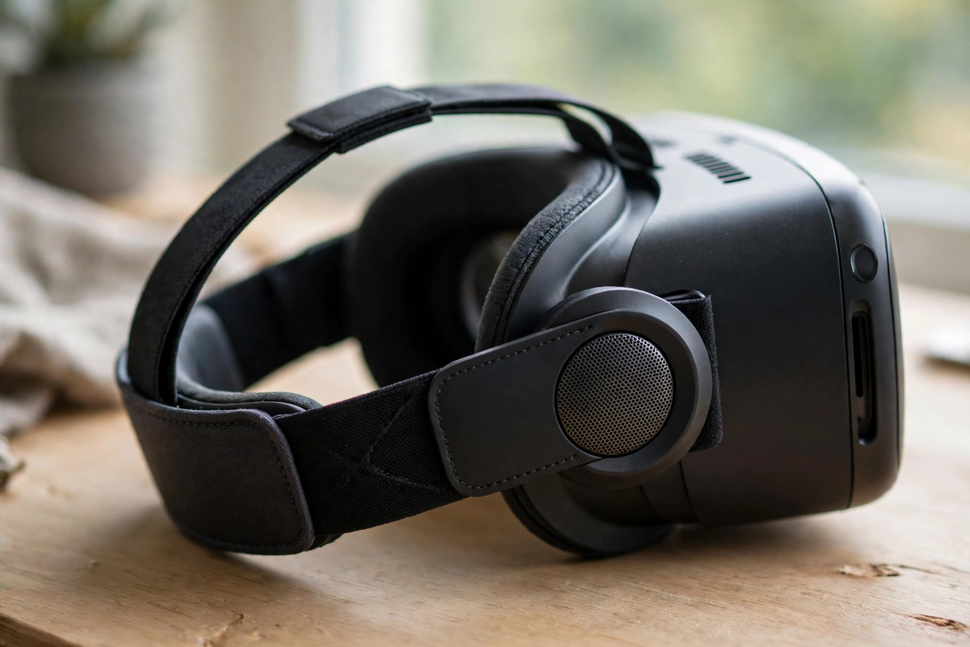 Close-up of a VR headset with built-in speakers near the ears, showing how sound reaches each ear separately