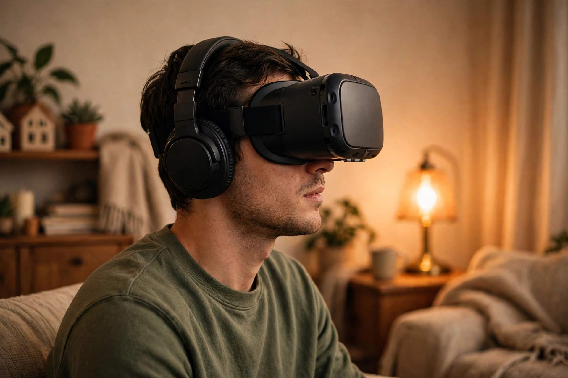 Person wearing a VR headset and headphones in a quiet room, turning their head toward a virtual sound source