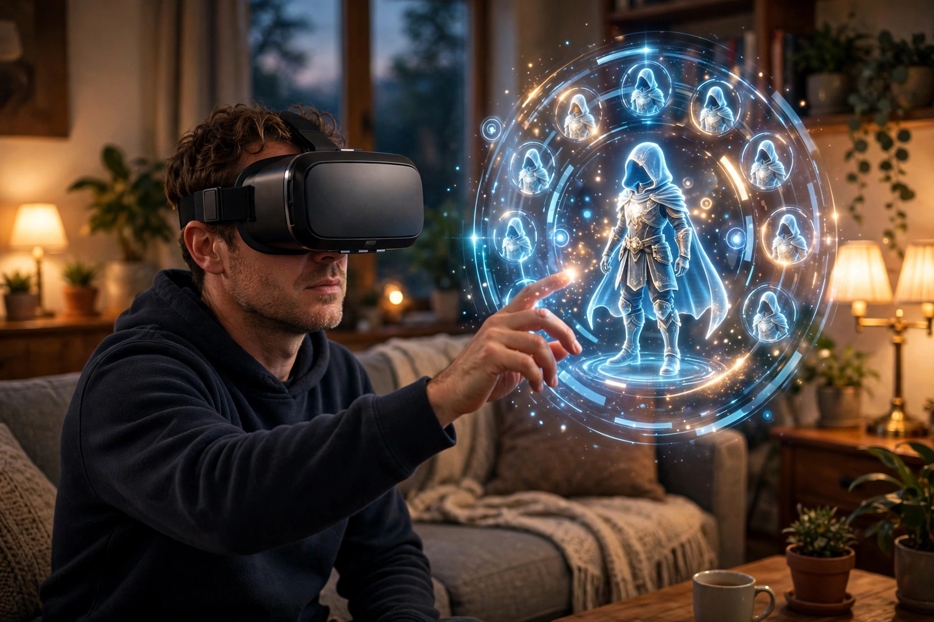Man wearing a black virtual reality headset reaching toward a glowing floating avatar customization panel showing a hooded character