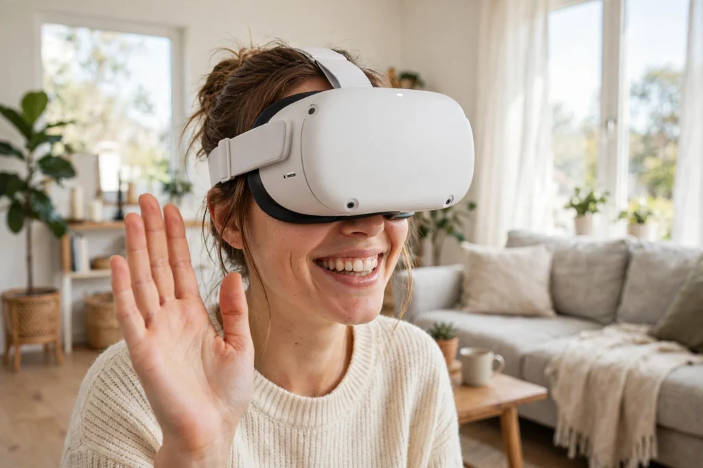 Woman wearing a white virtual reality headset smiling and waving in a bright living room