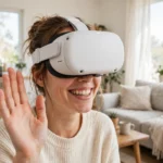 Woman wearing a white virtual reality headset smiling and waving in a bright living room