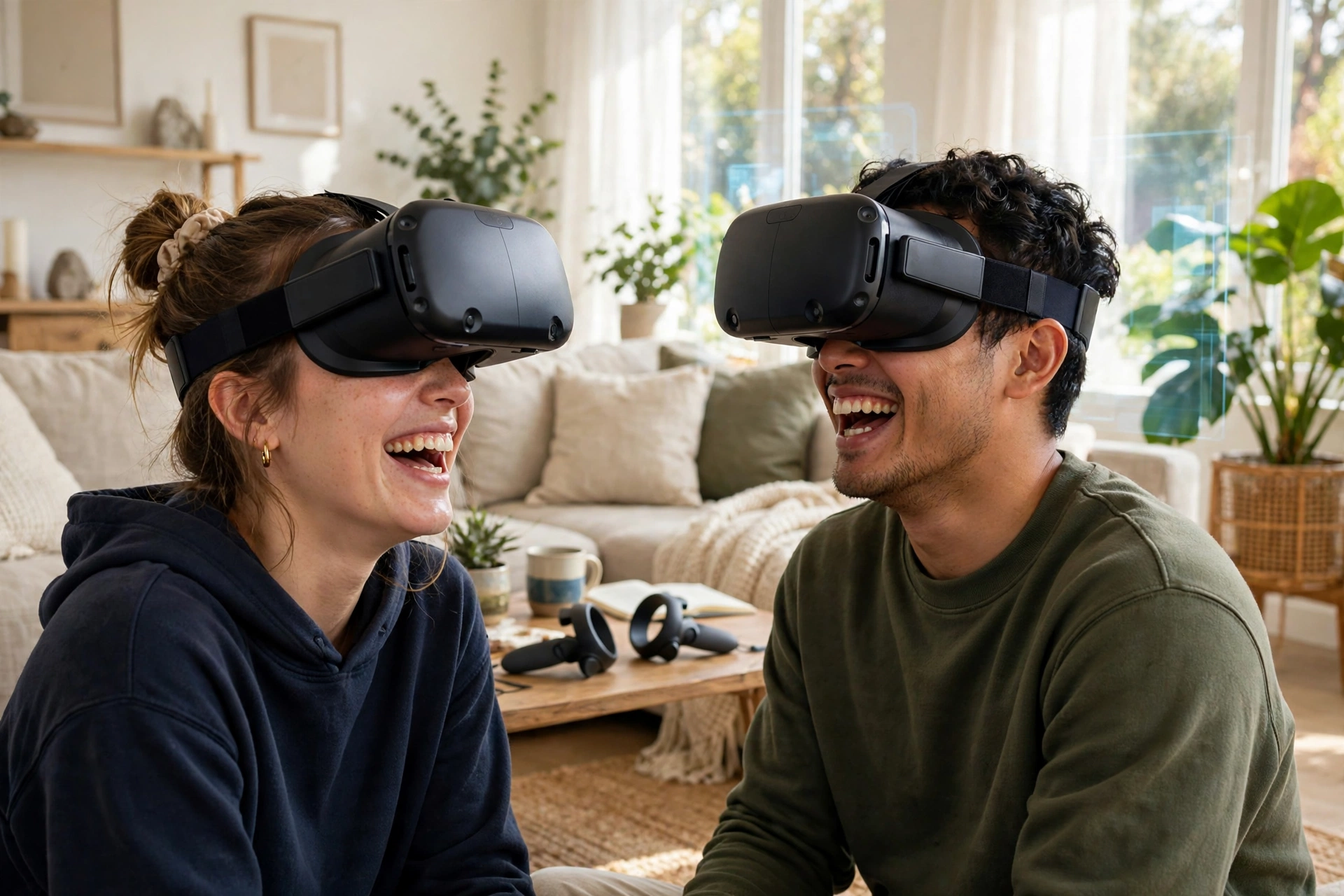 Two friends wearing black virtual reality headsets laughing together on a sofa in a bright living room