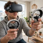 Person wearing a VR headset holding two white VR controllers in a bright living room