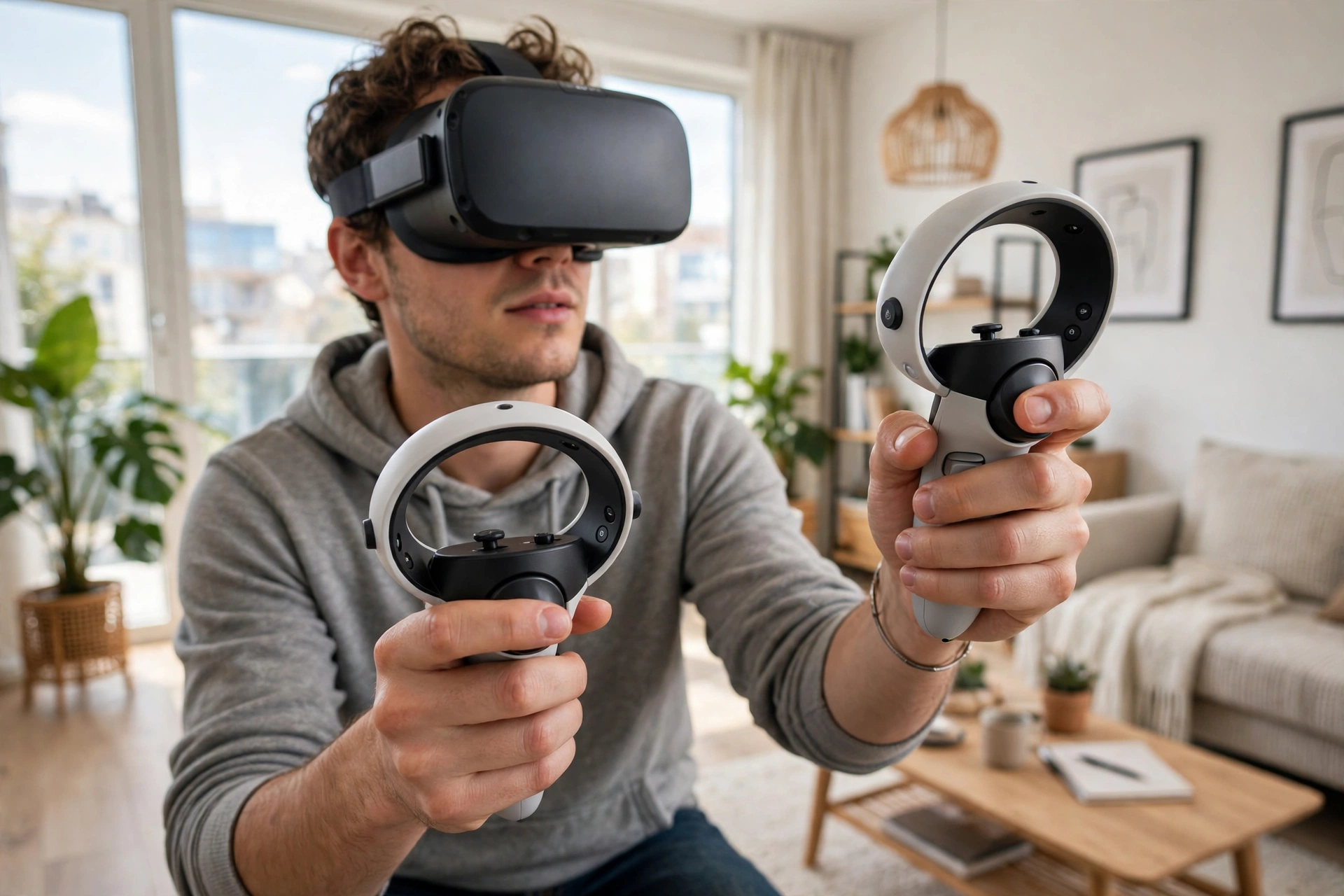 Person wearing a VR headset holding two white VR controllers in a bright living room