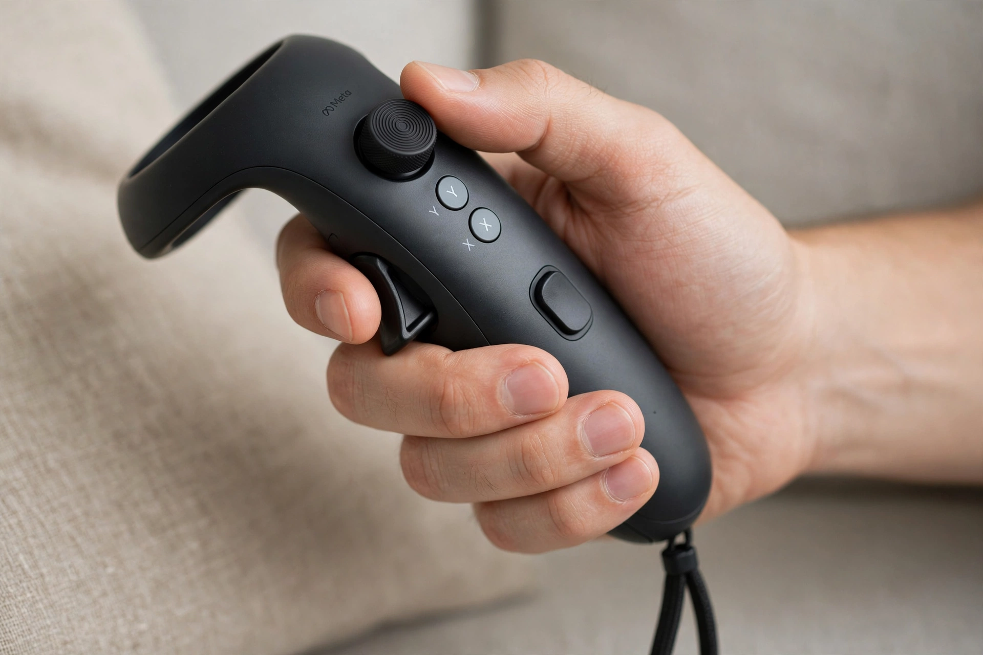 Hand holding a black VR controller with thumbstick, buttons, and trigger