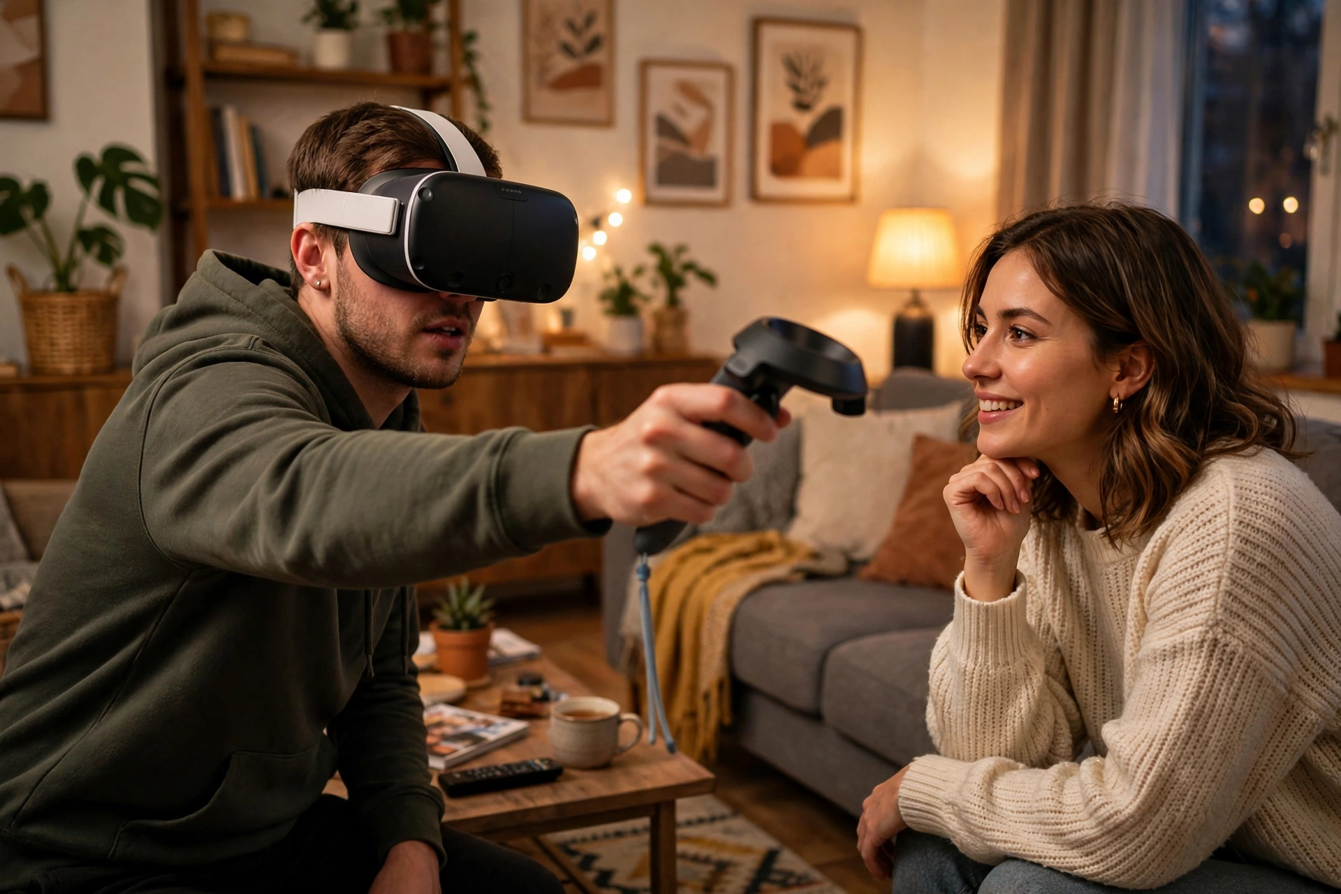 Man wearing a VR headset holding a controller while a woman watches in a living room