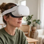 Woman wearing a white VR headset in a bright living room