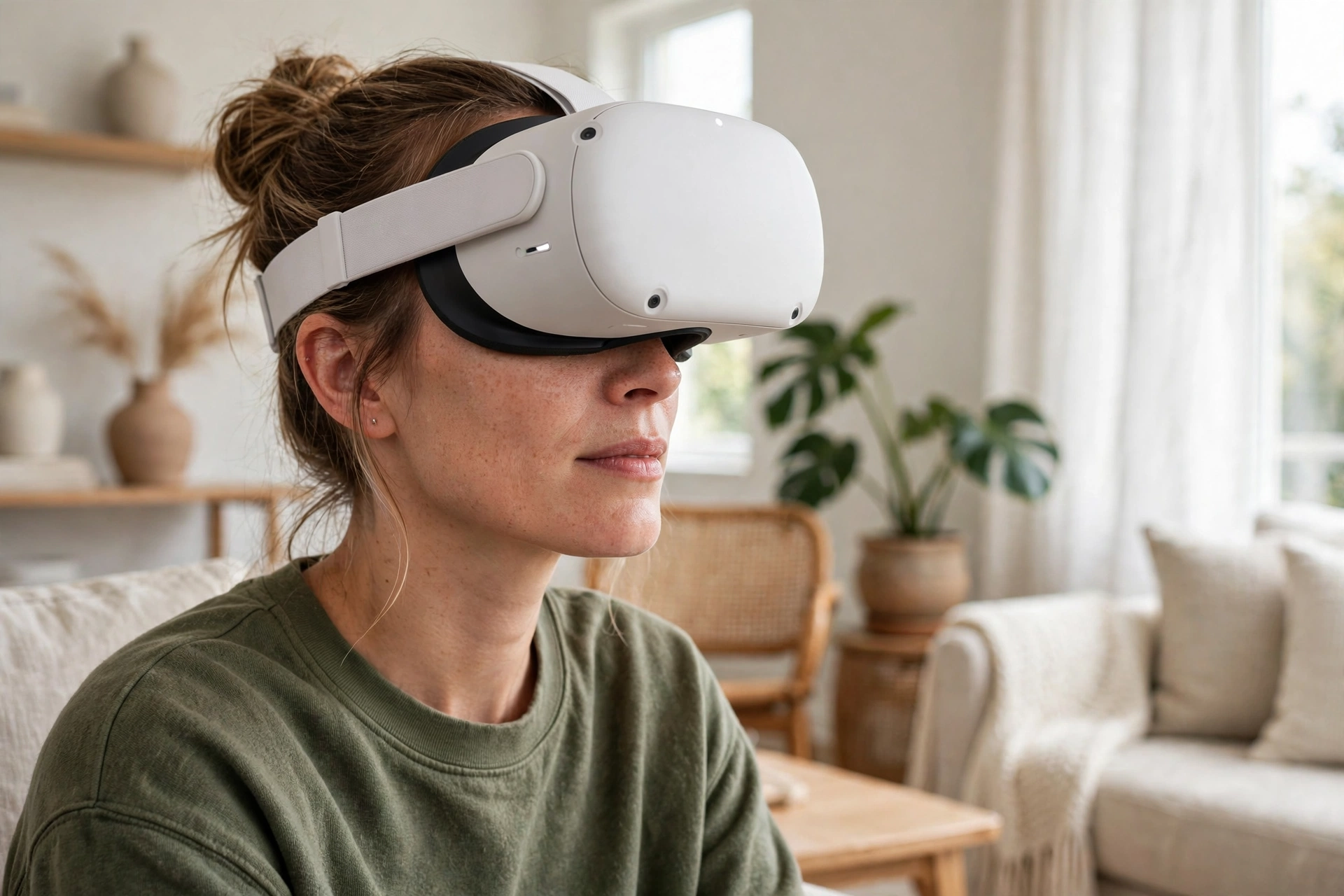 Woman wearing a white VR headset in a bright living room