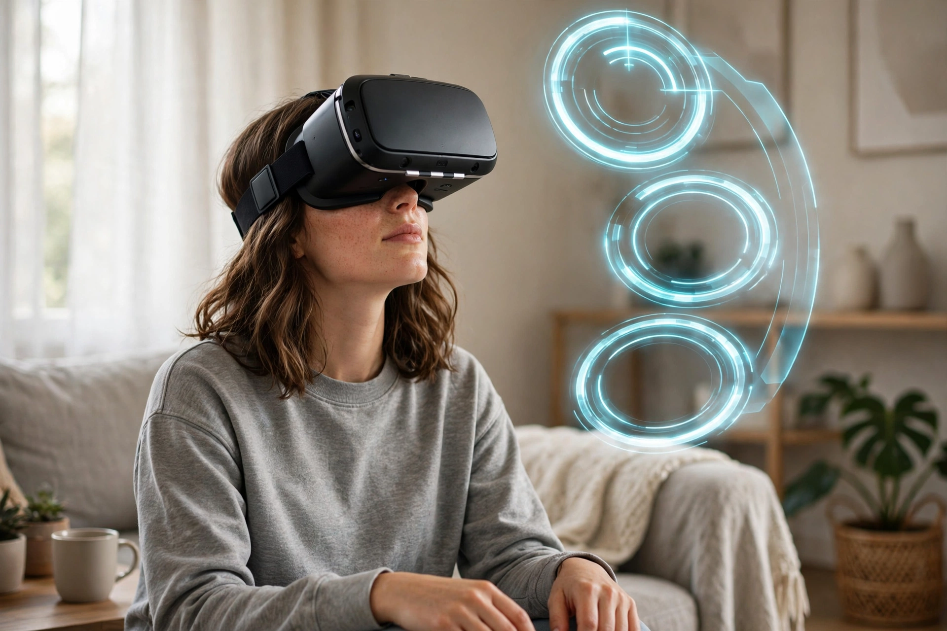 Woman wearing a black VR headset looking at glowing circular virtual menu options in her living room
