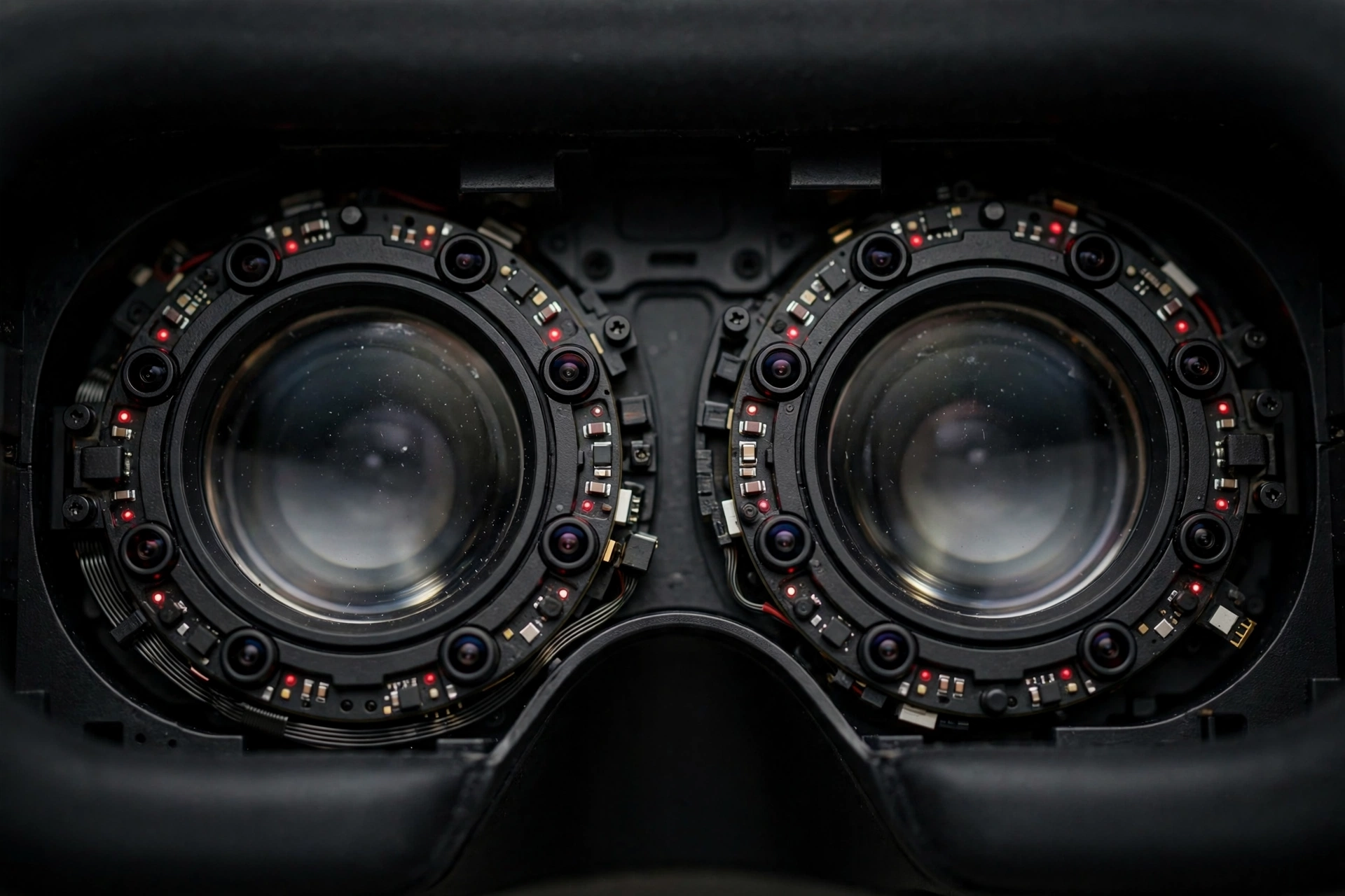 Close-up of VR headset lenses surrounded by small infrared eye-tracking cameras