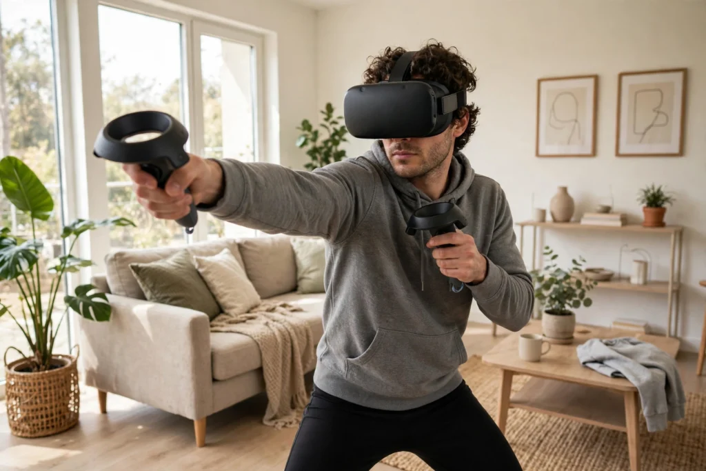 Person wearing a VR headset and holding controllers while boxing in a bright living room workout