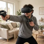 Person wearing a VR headset and holding controllers while boxing in a bright living room workout