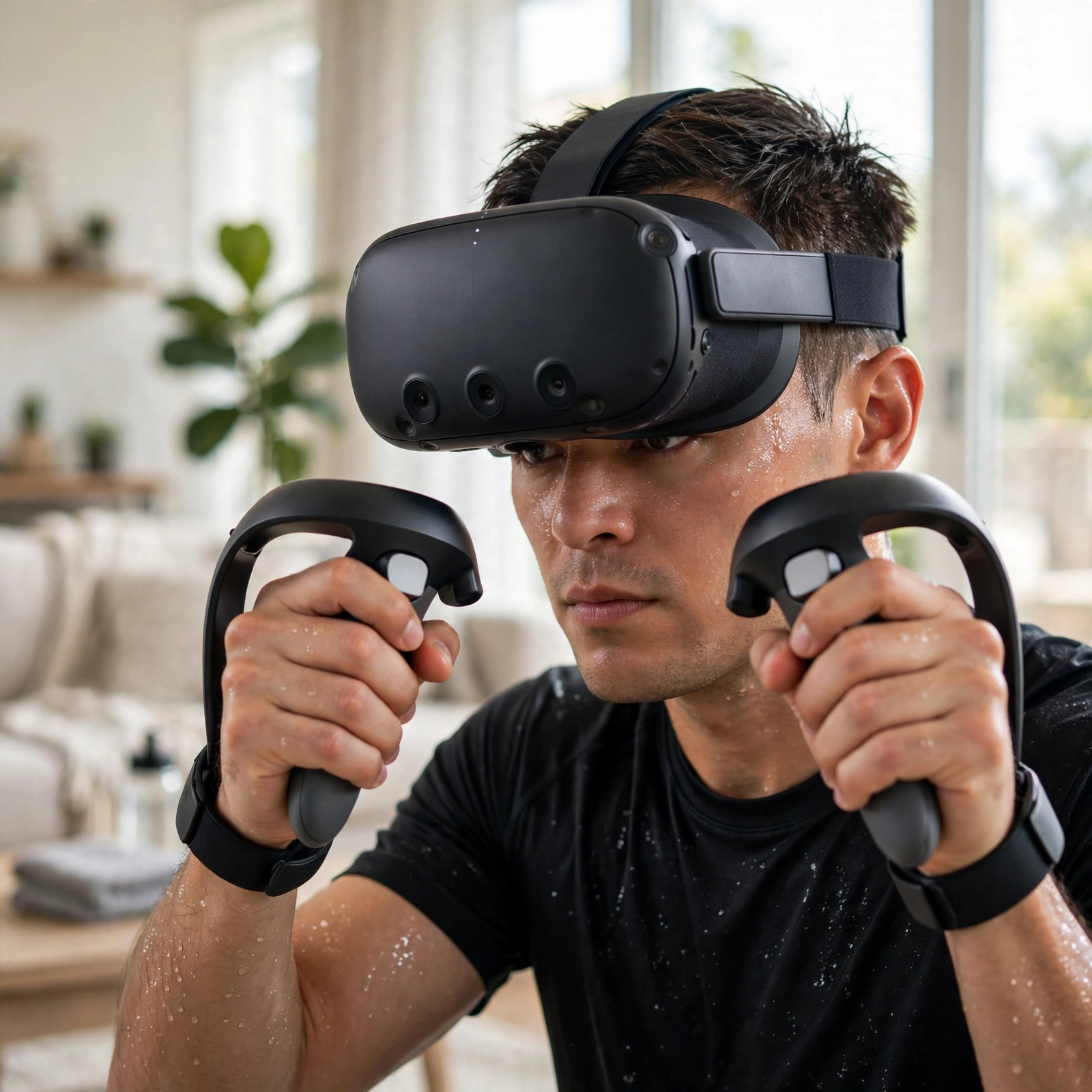 Close-up of a person wearing a VR headset with controllers raised during a boxing workout