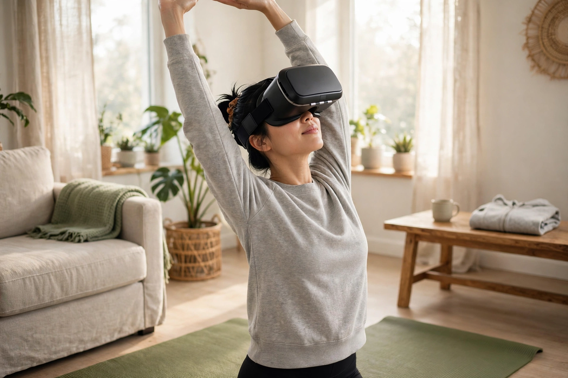 Person in a VR headset stretching in a clear living room space with a mat on the floor