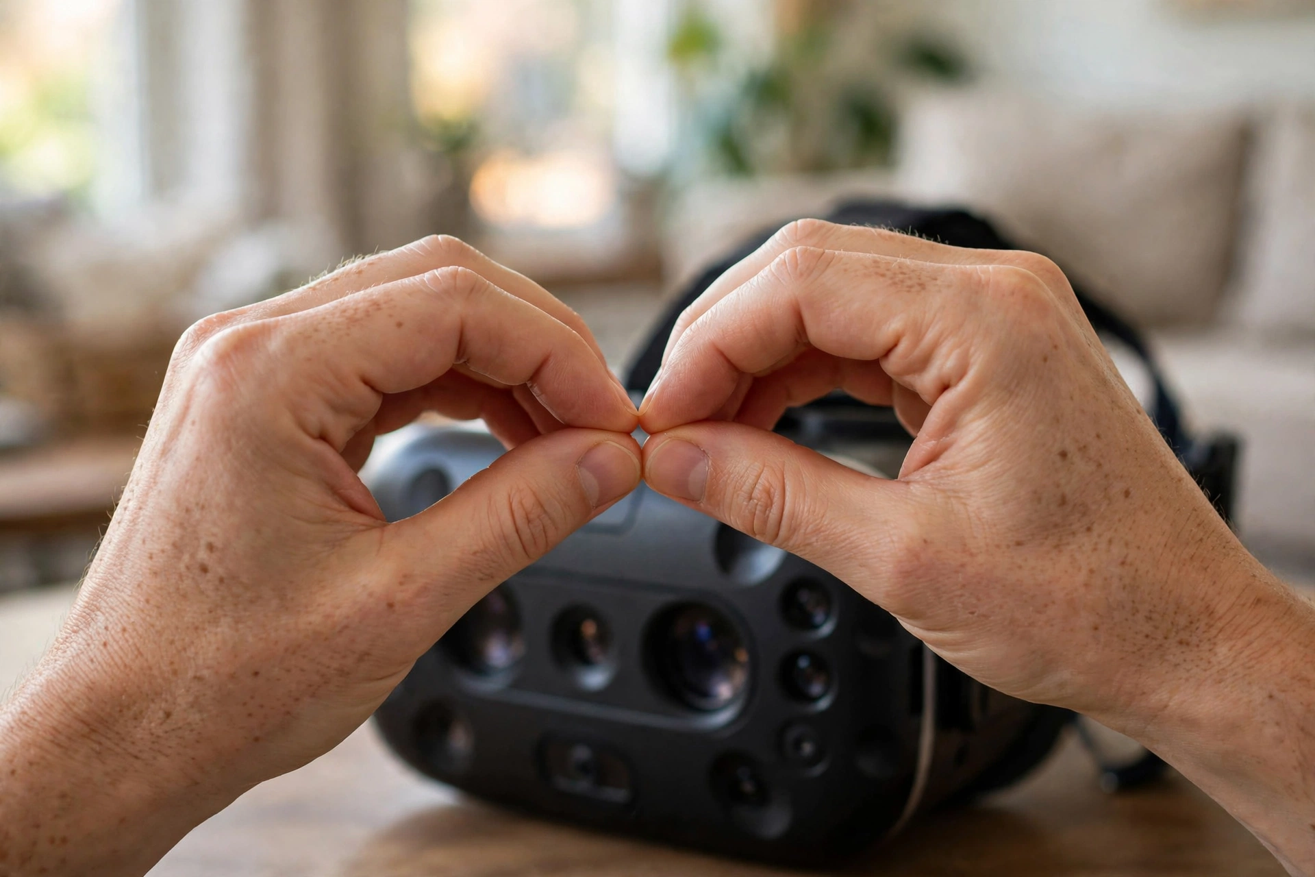Close-up of bare hands pinching in front of a black VR headset with tracking cameras