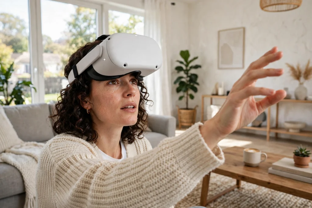 Woman wearing a white VR headset reaching out with a bare hand in a bright living room