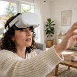 Woman wearing a white VR headset reaching out with a bare hand in a bright living room