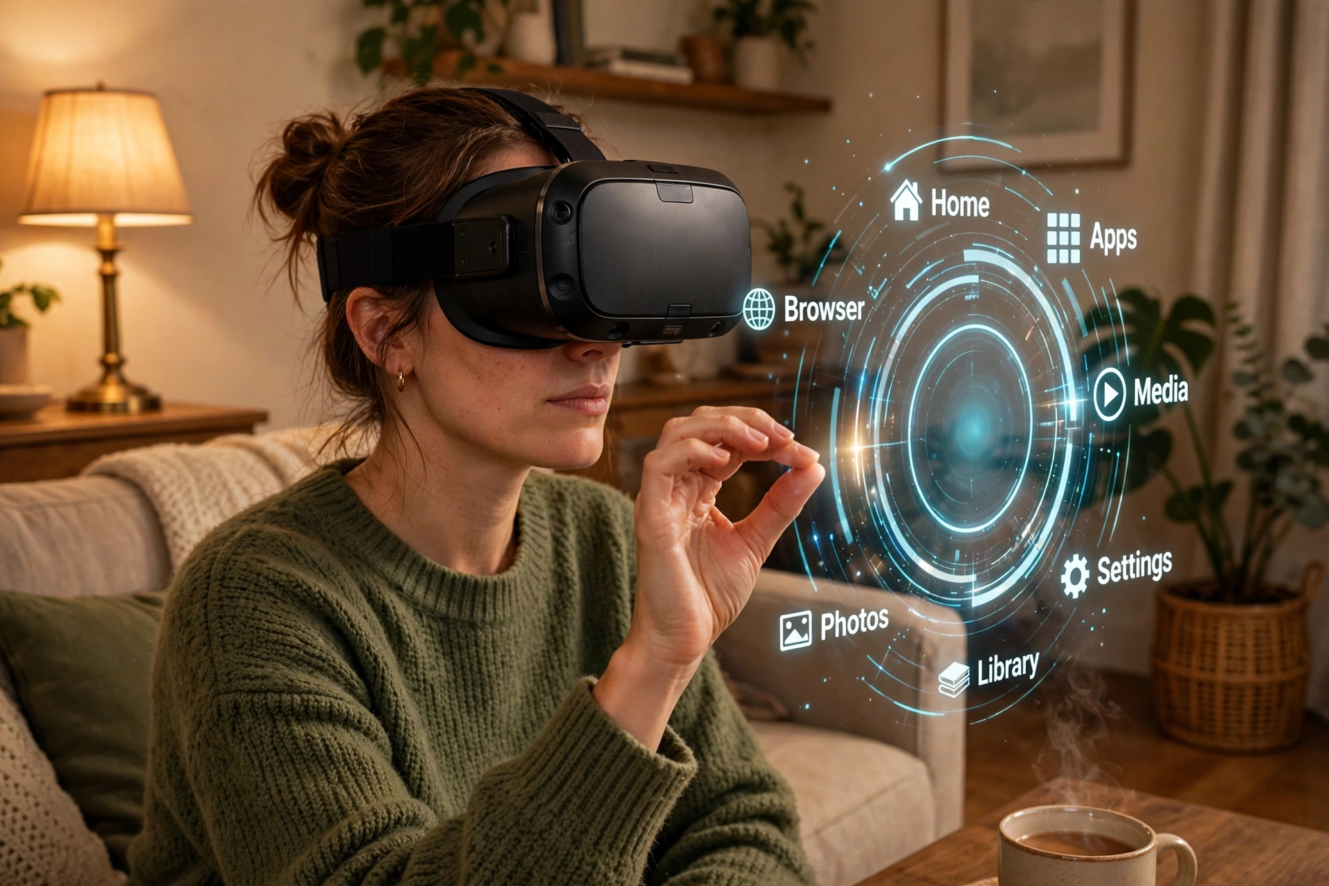 Woman wearing a black VR headset using a pinch gesture to select a glowing circular virtual menu