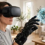 Woman wearing a VR headset and a black haptic glove, reaching toward a glowing virtual sphere in a bright living room