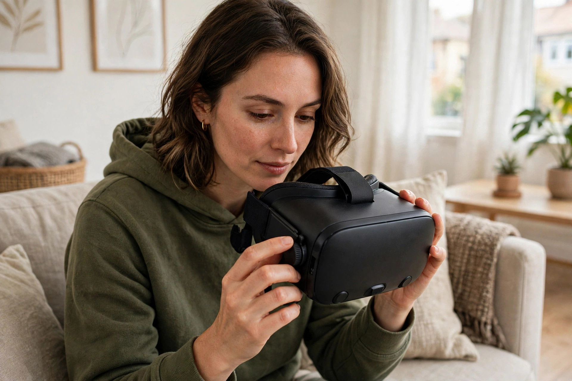 Person holding a black VR headset and turning the lens adjustment dial while sitting on a sofa at home