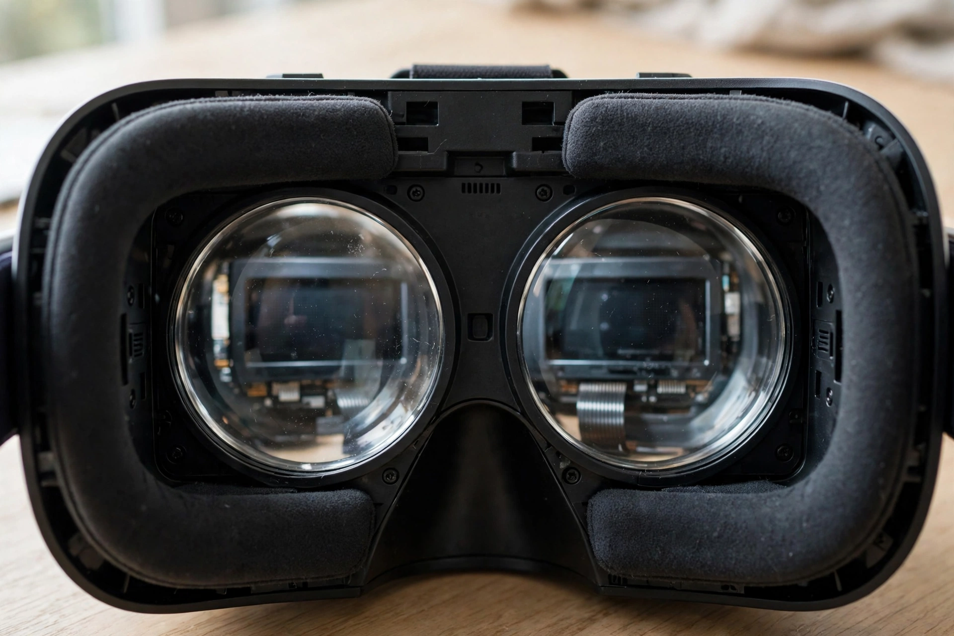 Close-up of a black VR headset showing its two large round lenses and the display screens behind them