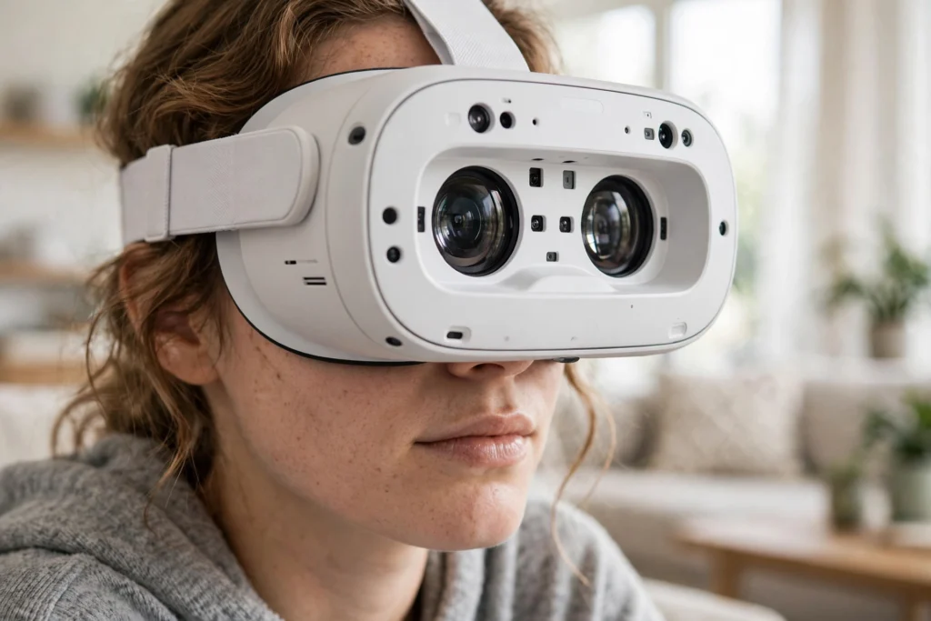 Person wearing a white VR headset in a bright living room, showing the front lenses and sensors