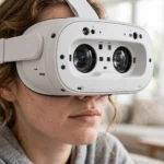 Person wearing a white VR headset in a bright living room, showing the front lenses and sensors