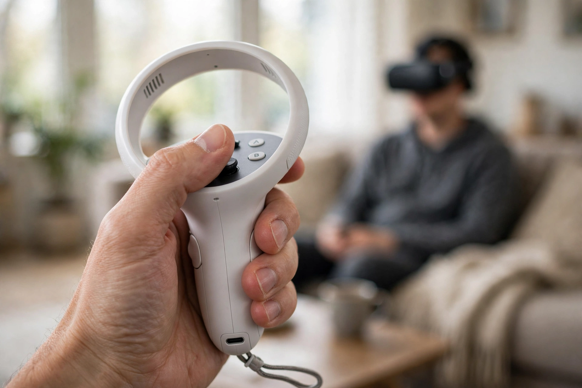 Close-up of a hand holding a white VR controller with thumb on the thumbstick, with a person wearing a VR headset blurred behind