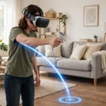 Person wearing a VR headset in a living room aiming a glowing teleport arc at a spot on the floor