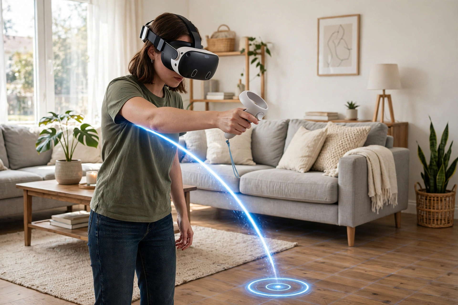Person wearing a VR headset in a living room aiming a glowing teleport arc at a spot on the floor