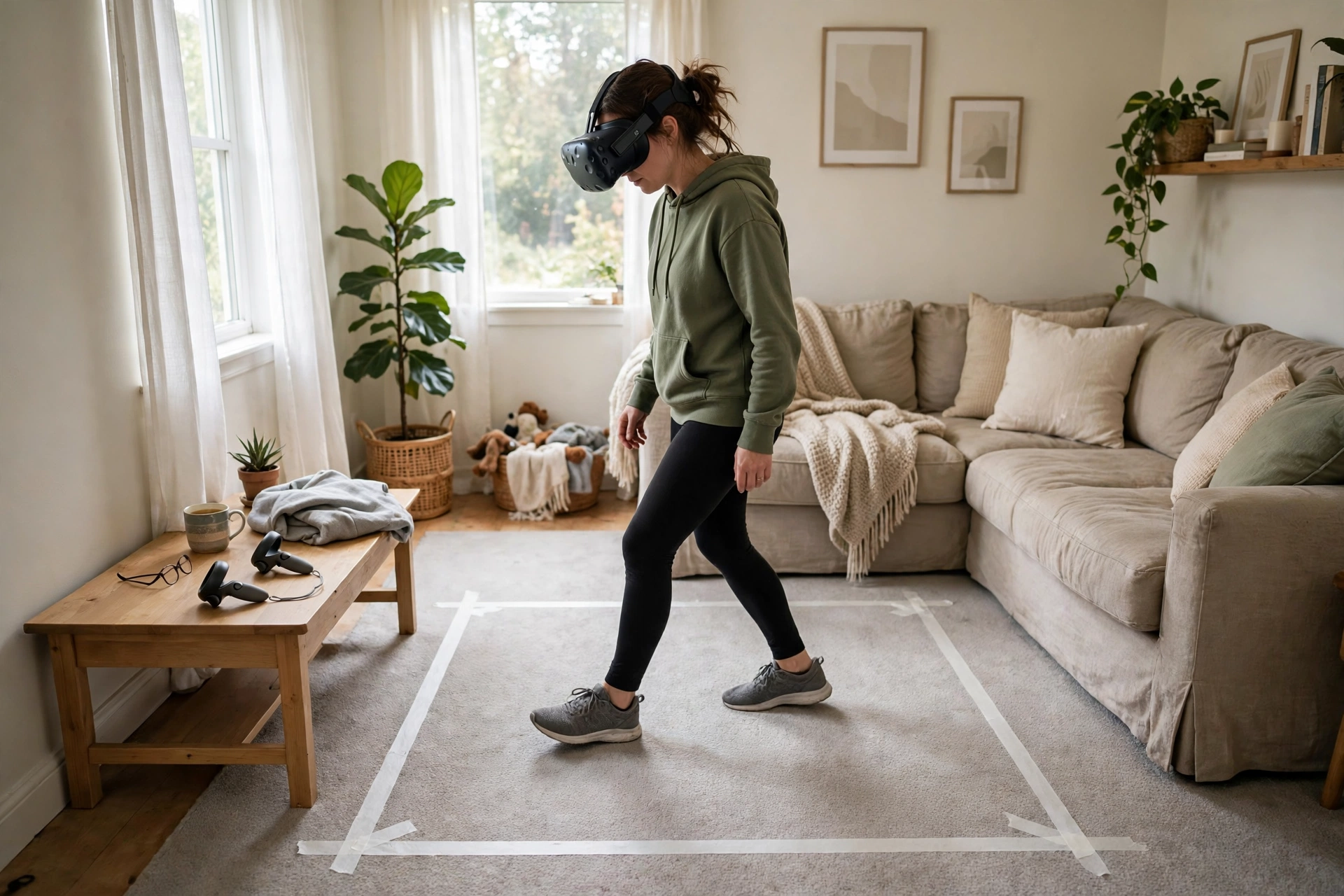 Person wearing a VR headset walking inside a marked play area on a rug in a living room
