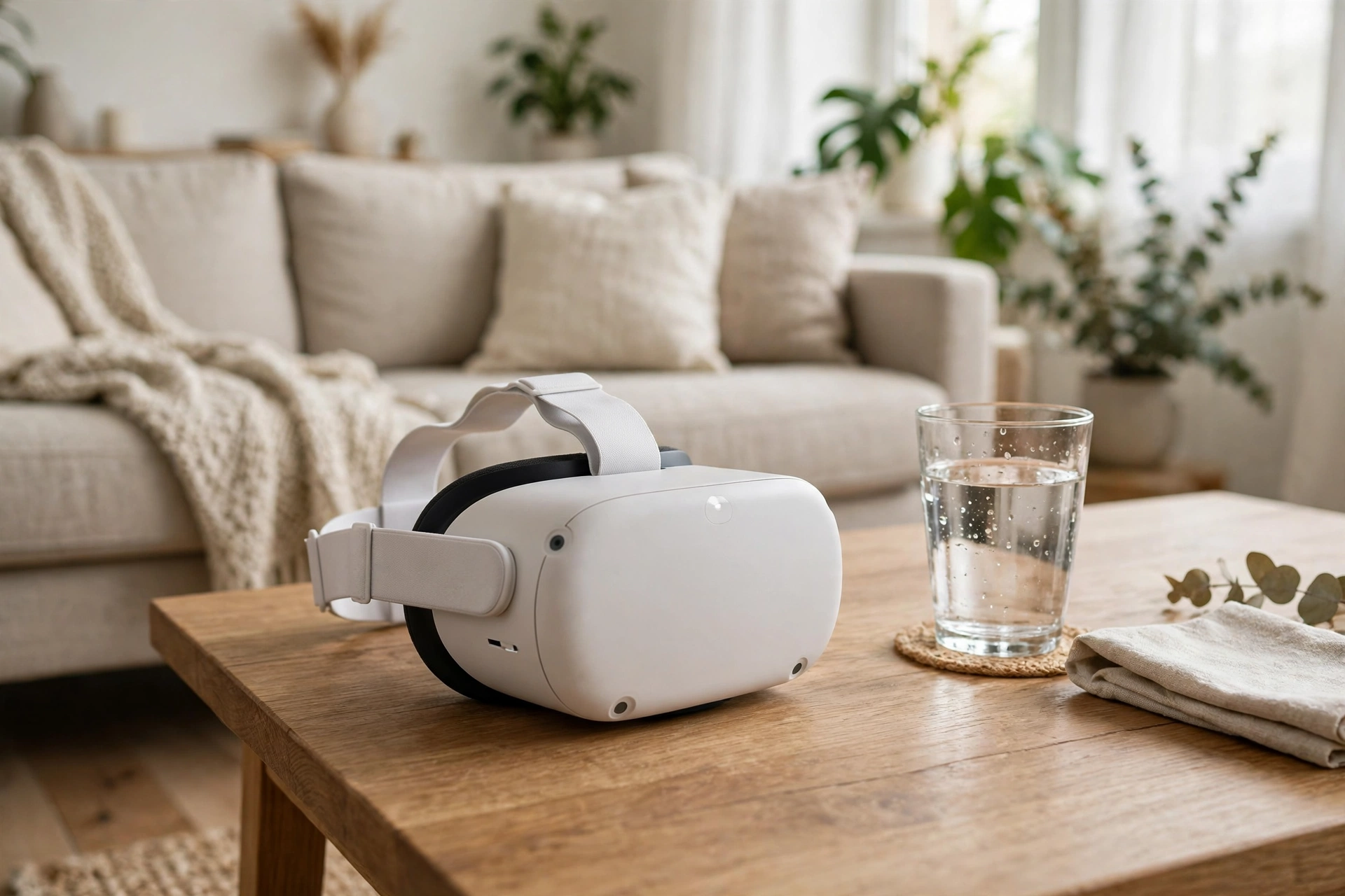 White VR headset resting on a wooden table beside a glass of water during a break