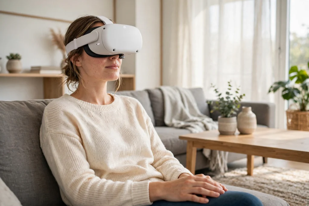 Woman wearing a white VR headset while sitting on a sofa in a bright living room