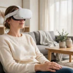 Woman wearing a white VR headset while sitting on a sofa in a bright living room