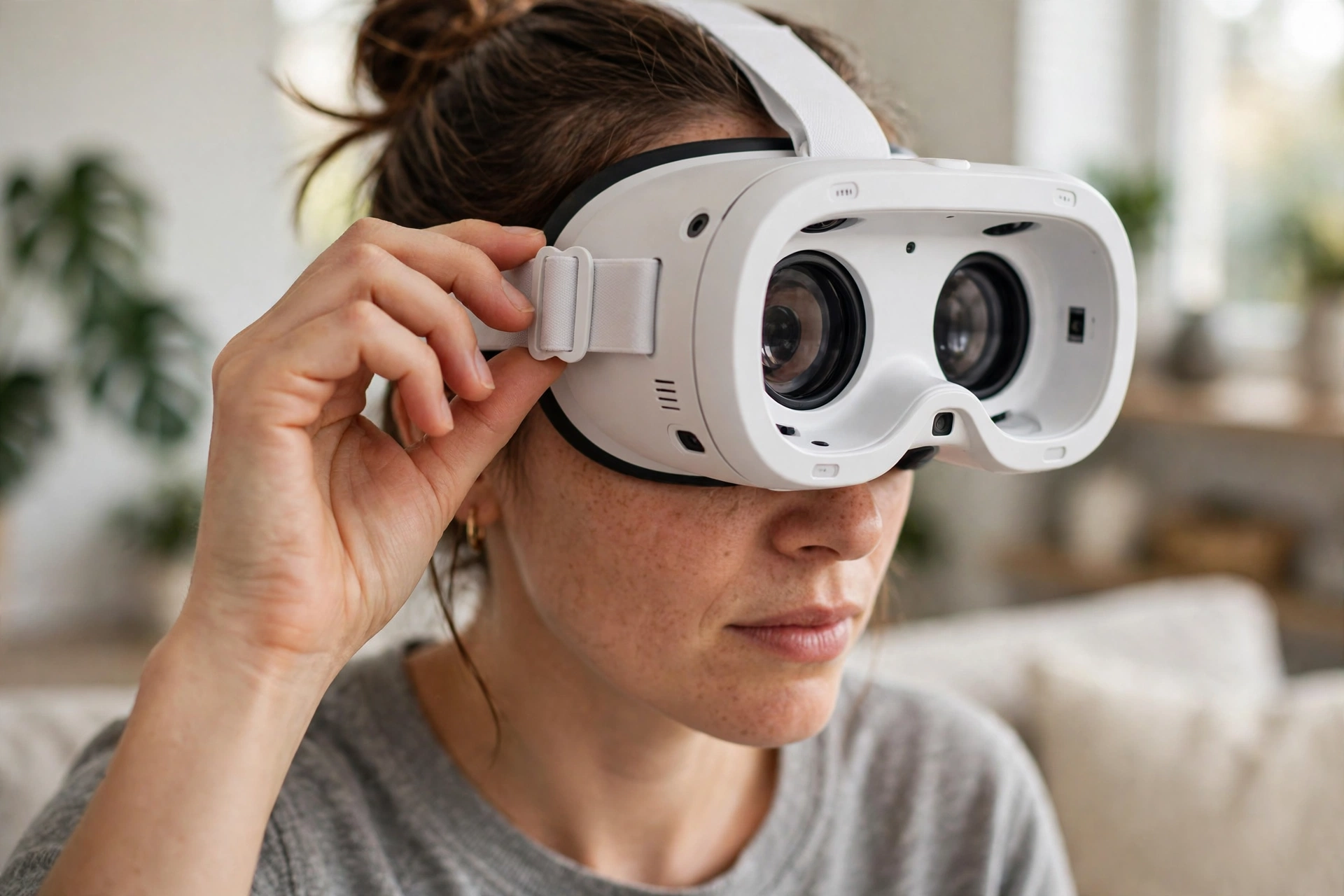 Person adjusting the side strap of a white VR headset to improve its fit